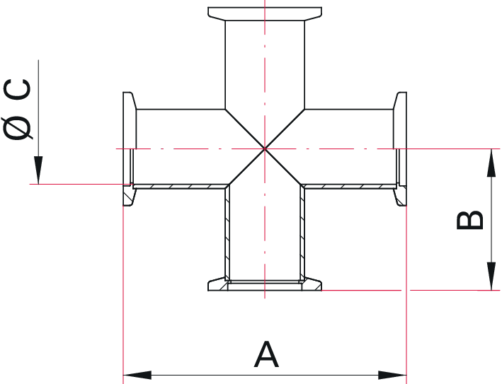 Çapraz Parça (Cross Piece) – DN 25 ISO-KF (Paslanmaz Çelik 1.4301 / AISI 304)